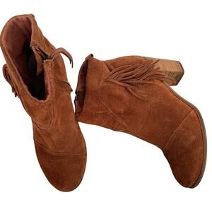 TOMS Women's Lunata Cognac Brown Suede Fringe Tassel Heel Booties Size 6.5